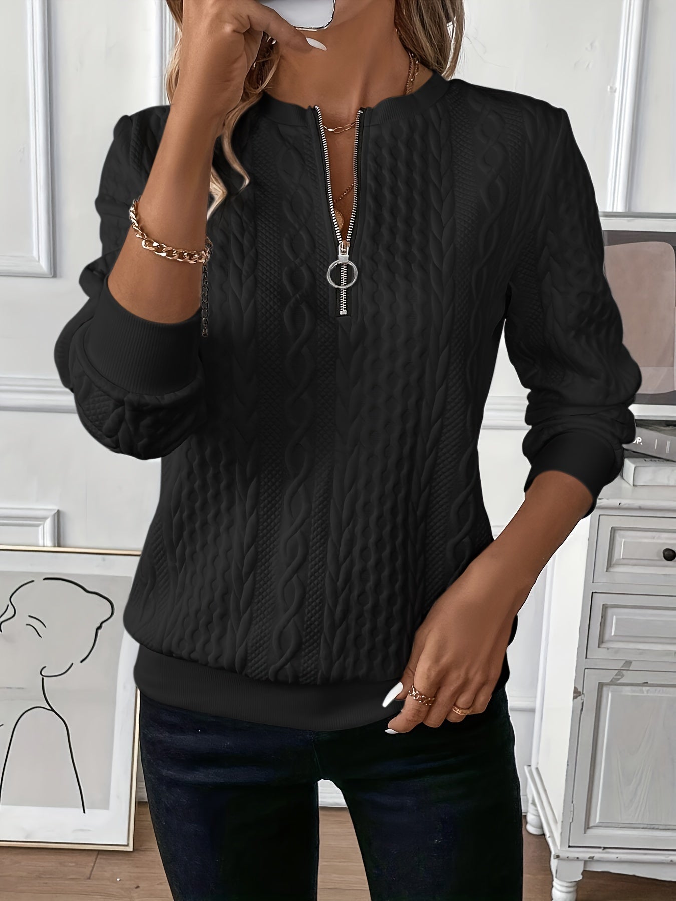 Elodie Cable Knit Zip Sweater – Soft Knit Relaxed Fit Casual Layering Top