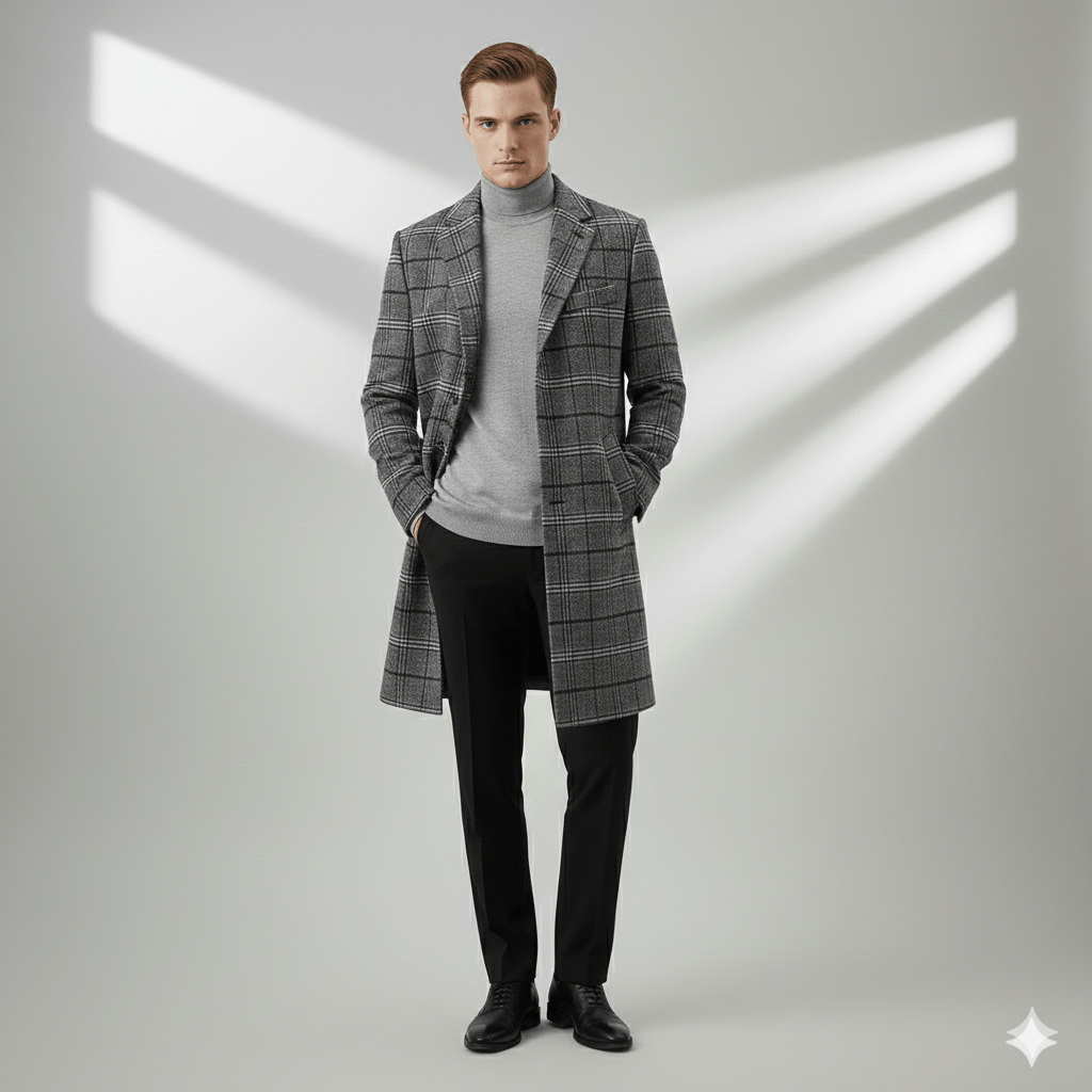 Aldric Men's Windowpane Wool Overcoat – Structured Mid-Length Design
