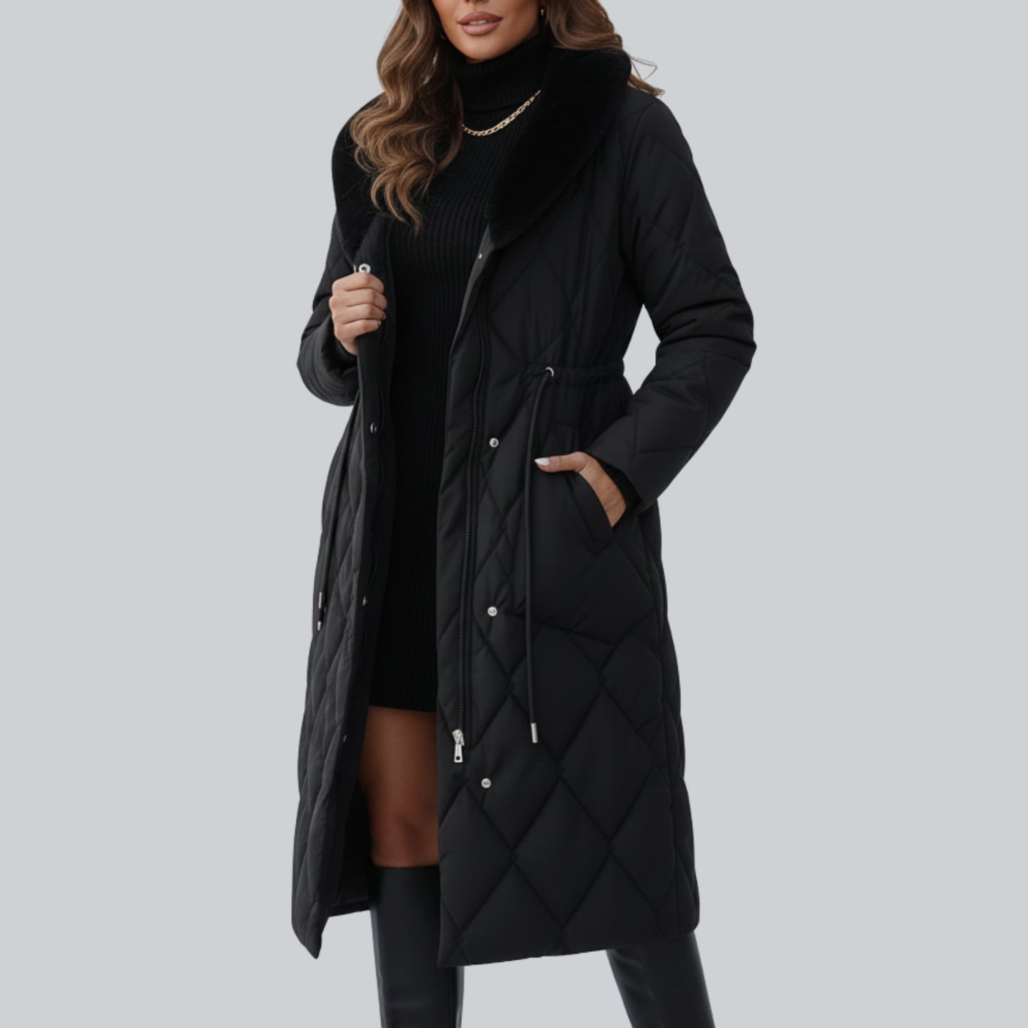 Briggitte Women's Quilted Long Winter Coat with Fur Collar & Adjustable Waist