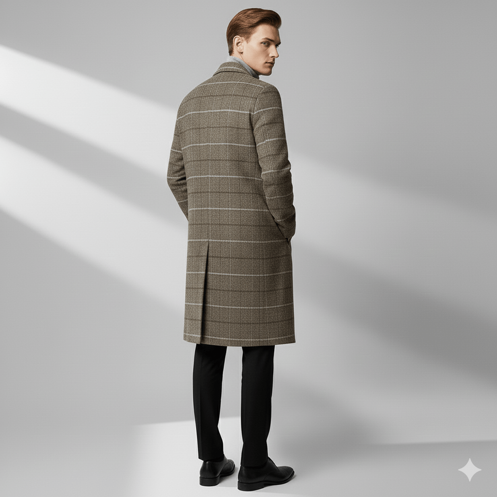 Aldric Men's Windowpane Wool Overcoat – Structured Mid-Length Design