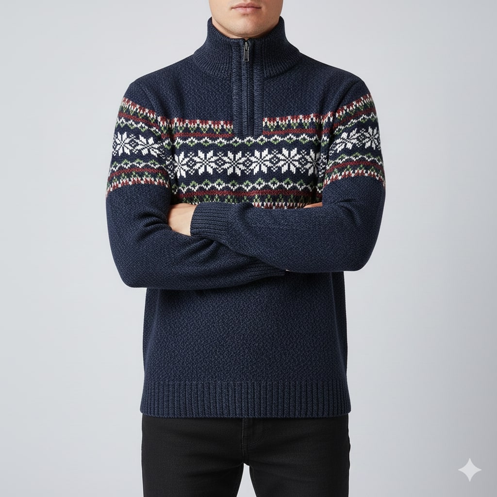 Cris Men's Wool-Blend Quarter-Zip Christmas Sweater with Festive Pattern
