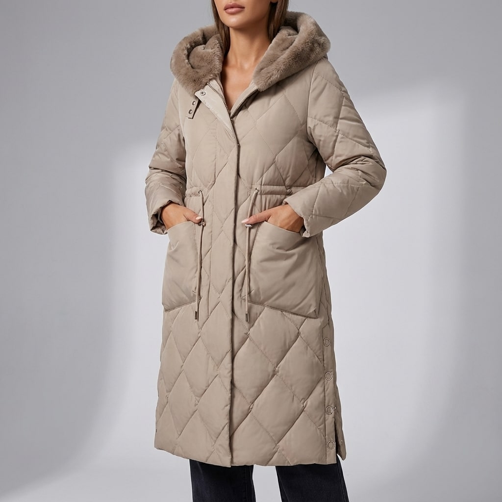 Briggitte Women's Quilted Long Winter Coat with Fur Collar & Adjustable Waist