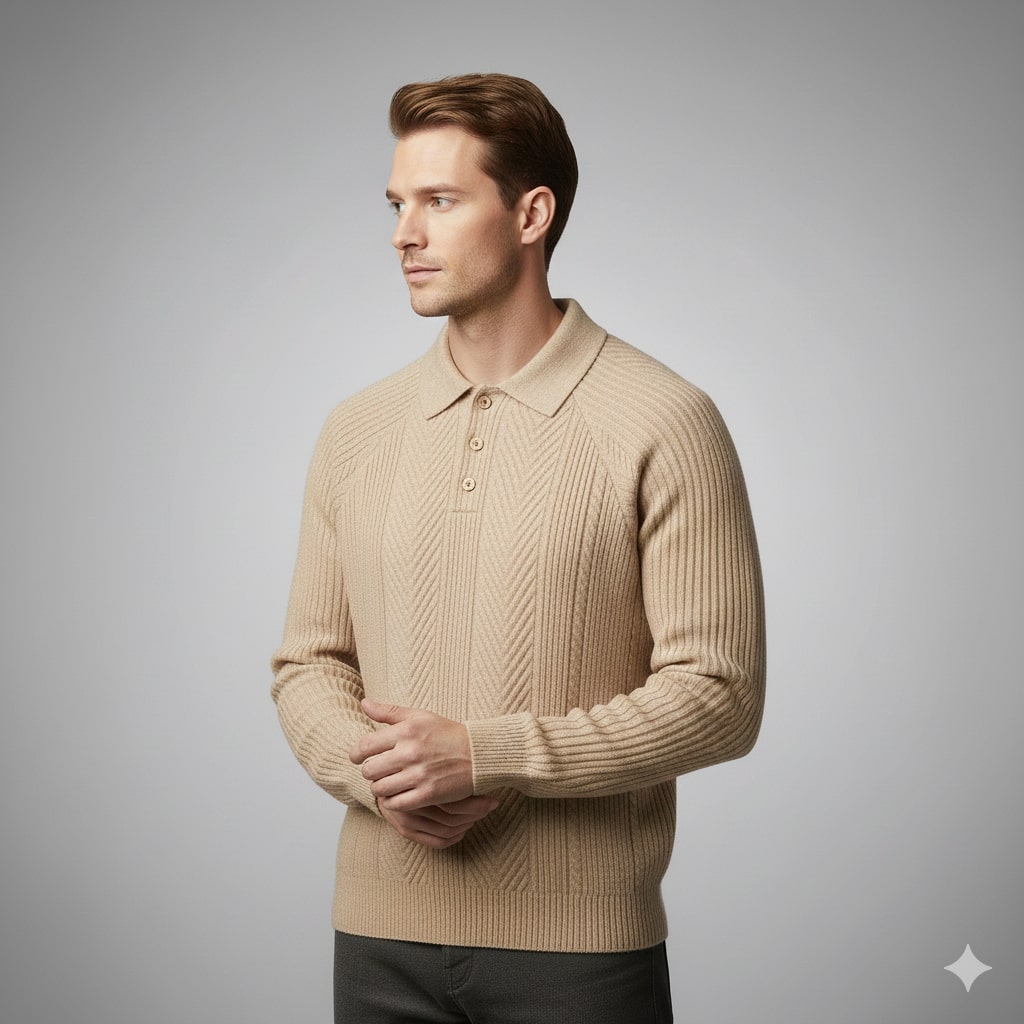 Franco Men's Herringbone Knit Polo Sweater with Structured Collar Pullover