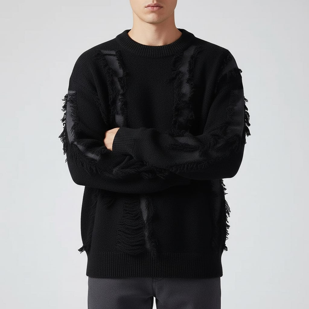 Aiden Men's Distressed Sweater – Textured Knit Pullover with Bold Frayed Accents