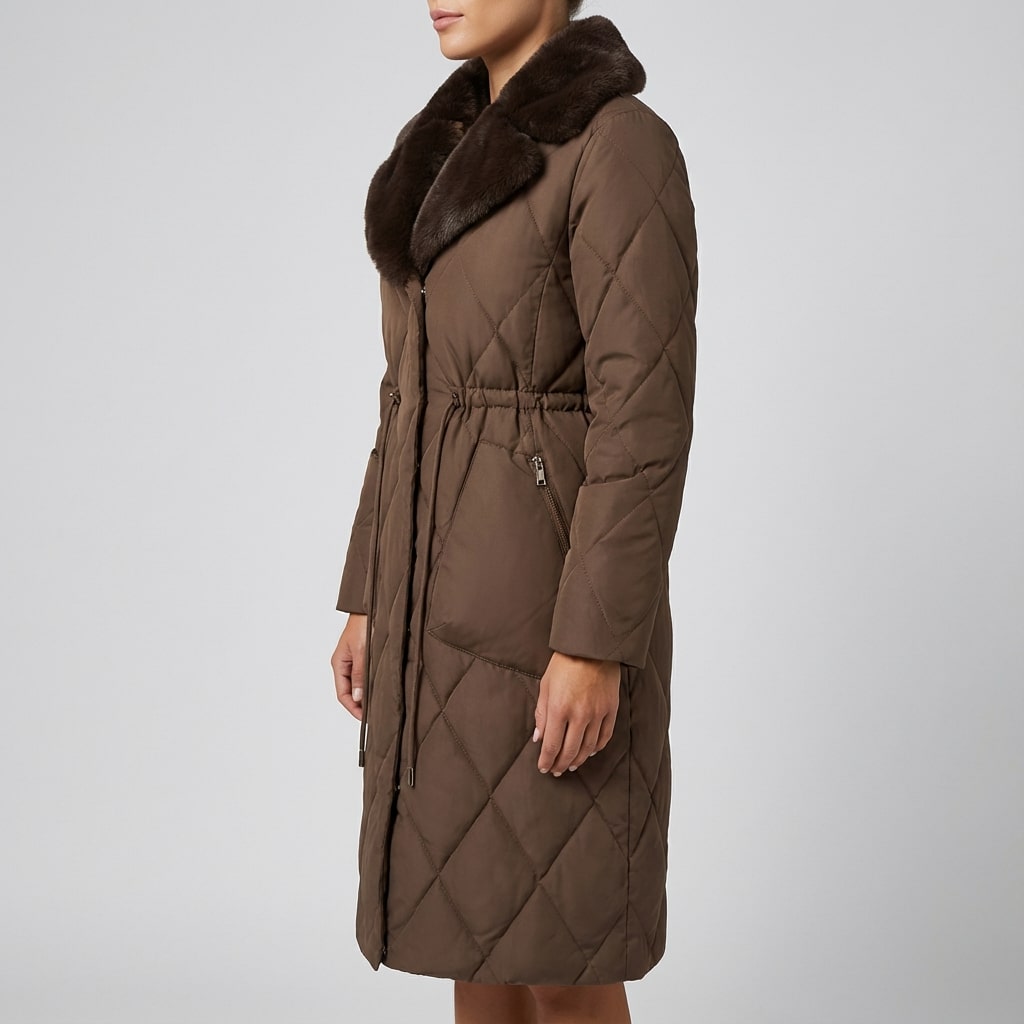 Briggitte Women's Quilted Long Winter Coat with Fur Collar & Adjustable Waist