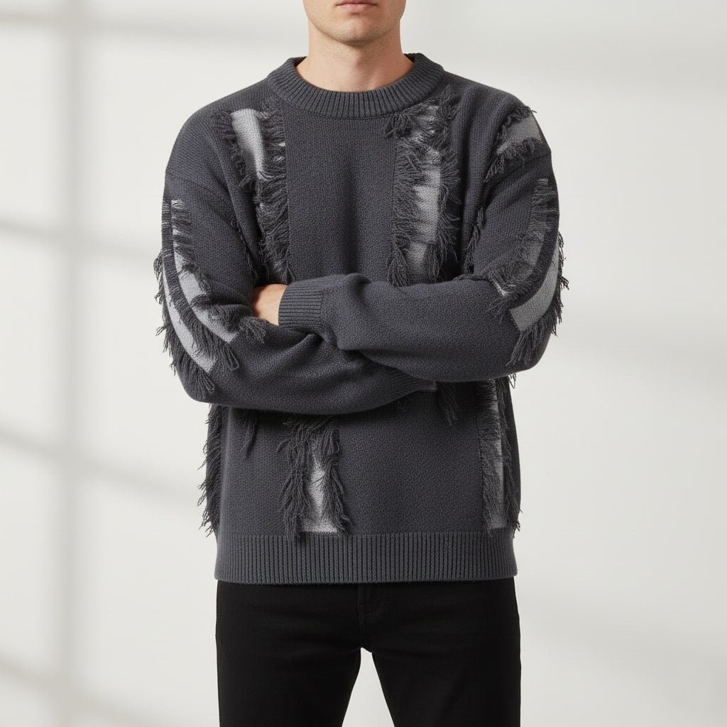 Aiden Men's Distressed Sweater – Textured Knit Pullover with Bold Frayed Accents