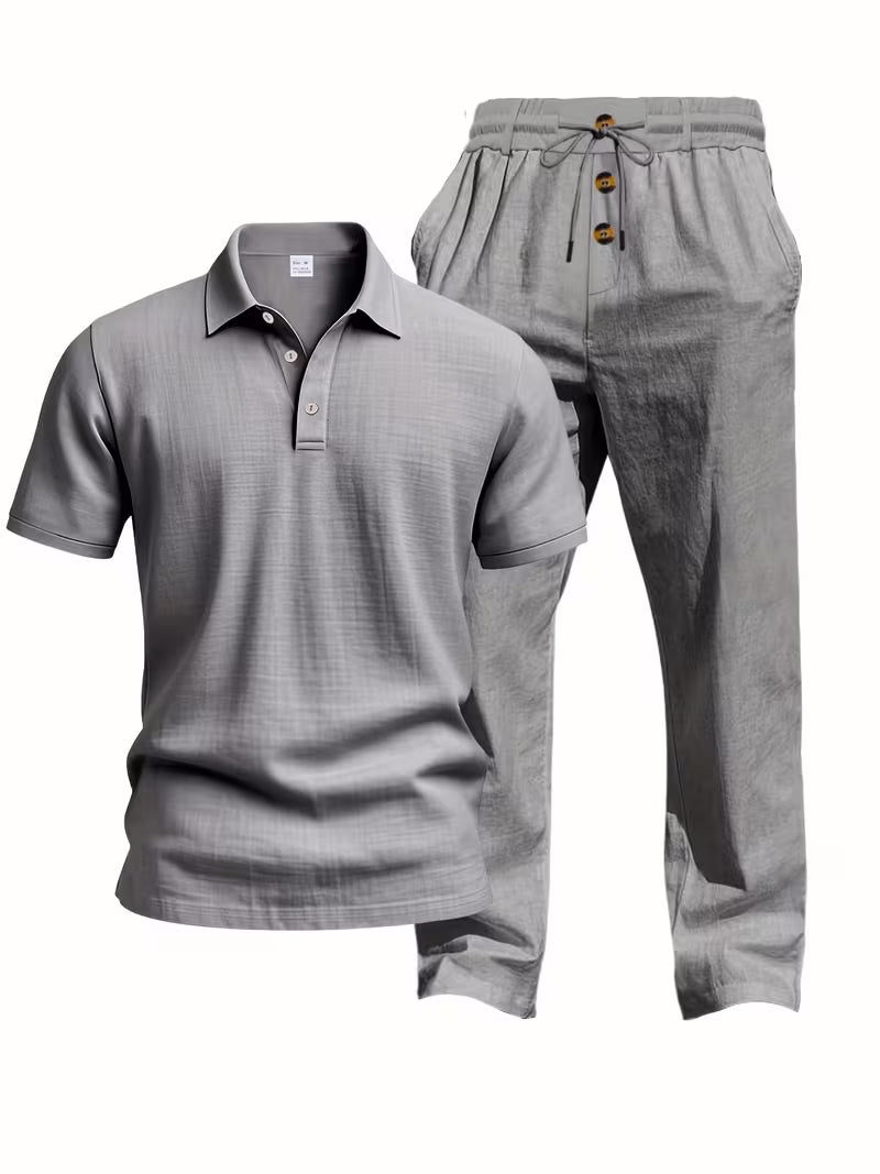 Thomas Textured Linen Polo Set – Relaxed Fit Drawstring Wide-Leg Loungewear