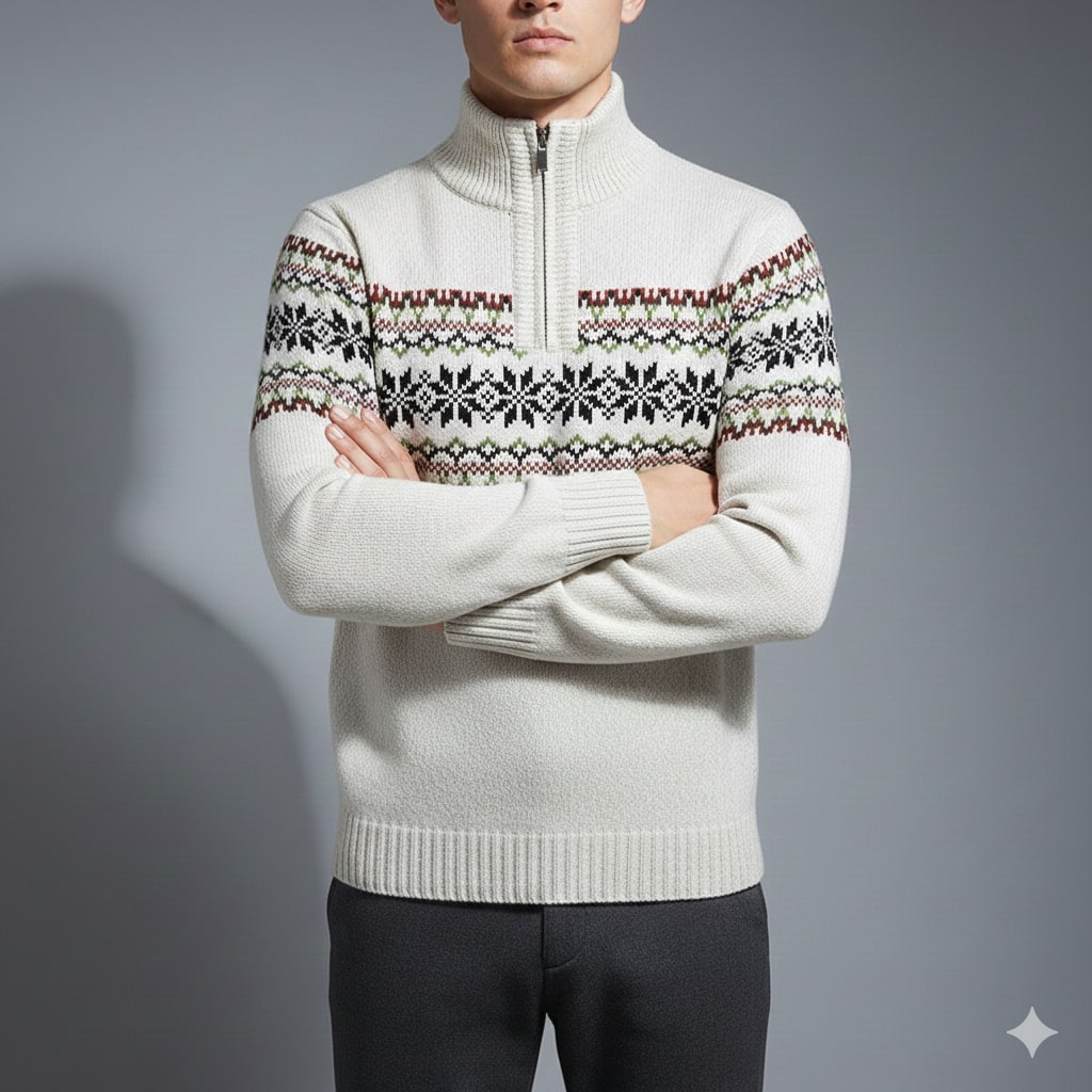 Cris Men's Wool-Blend Quarter-Zip Christmas Sweater with Festive Pattern