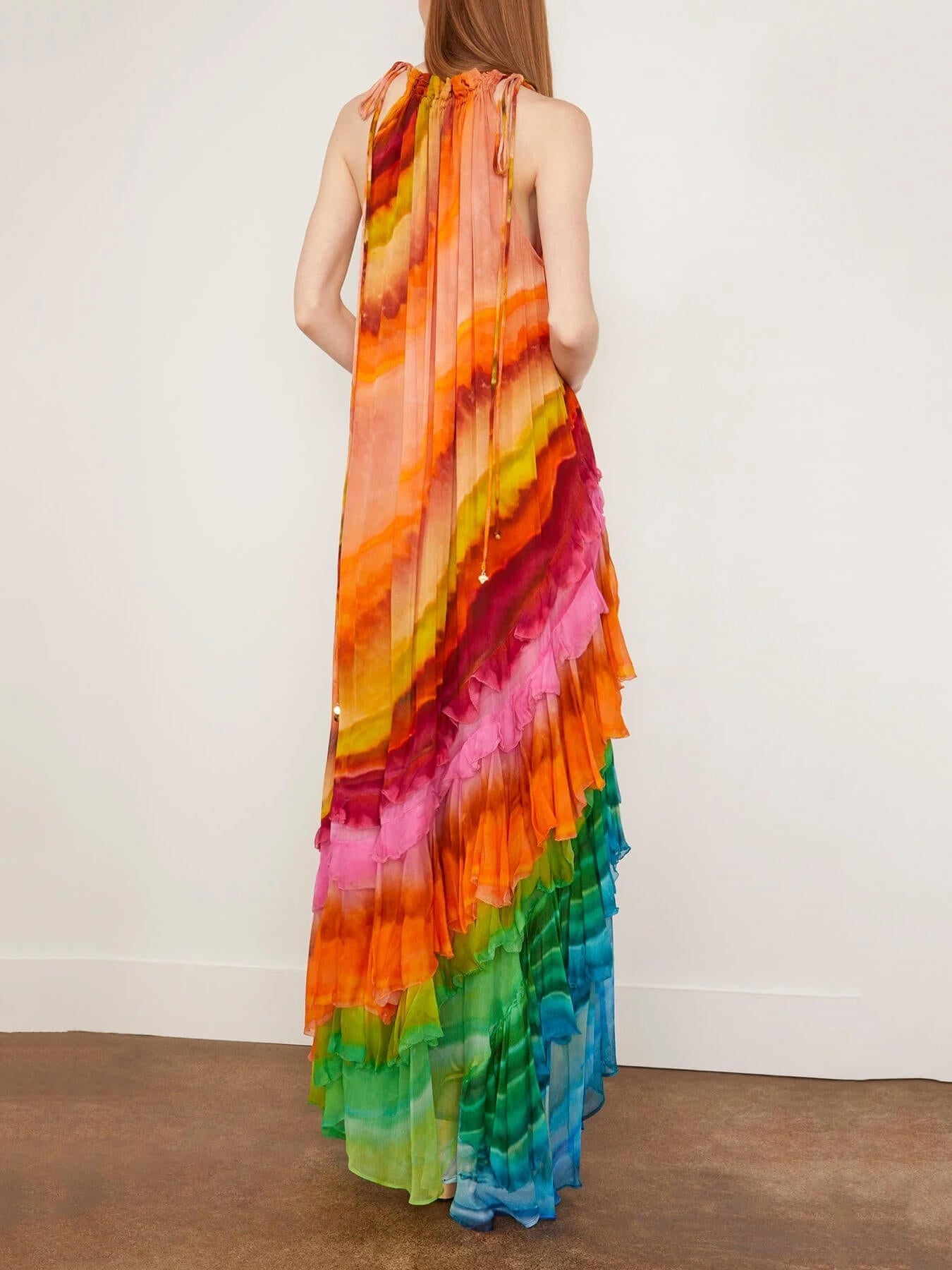 Iris Tie Dye Ruffle Gown – Halter Neck Multicolored Georgette Maxi Dress