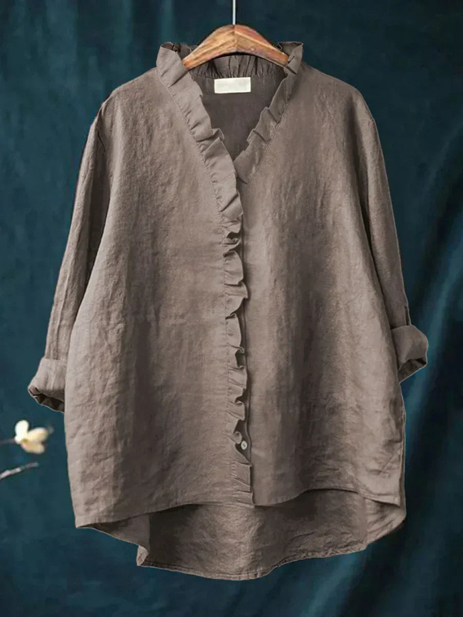 Briana Cotton Linen Blouse – Relaxed Ruffled Neckline Everyday Shirt