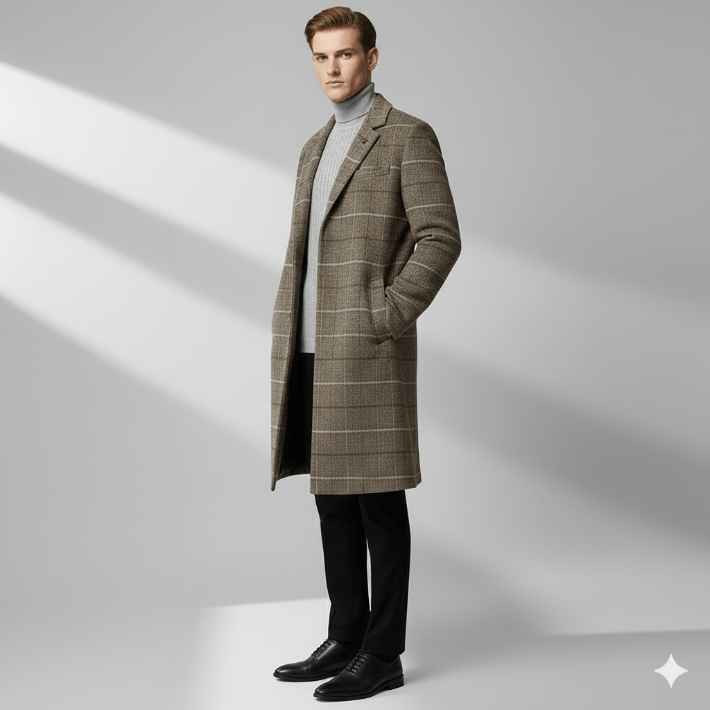 Aldric Men's Windowpane Wool Overcoat – Structured Mid-Length Design