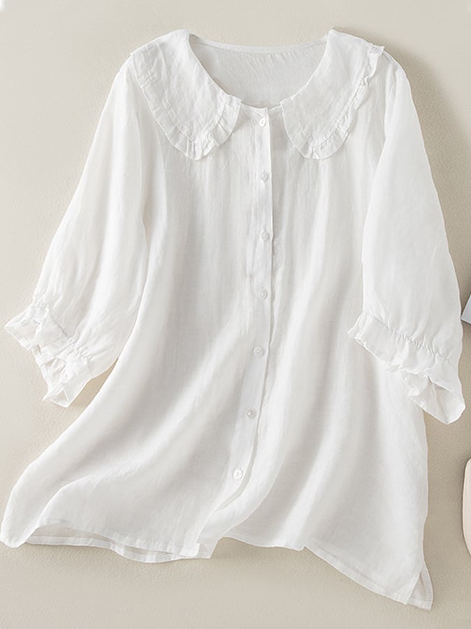 Adelina Ruffle Linen Blouse – Women's Cotton Blend Top with Peter Pan Collar