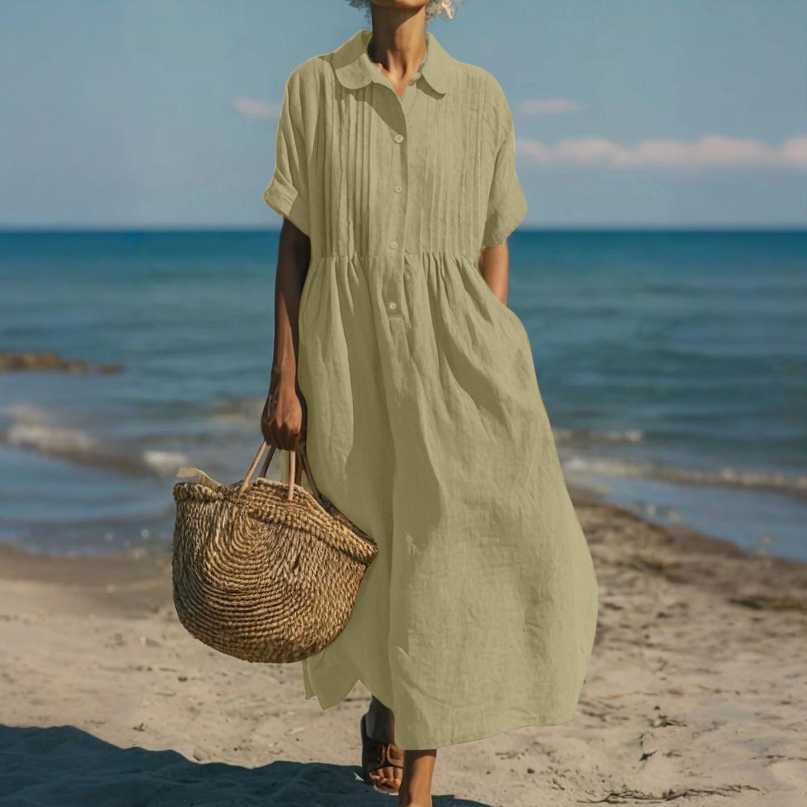 Luciana Cotton Button Up Shirt Dress – Lightweight Midi Dress