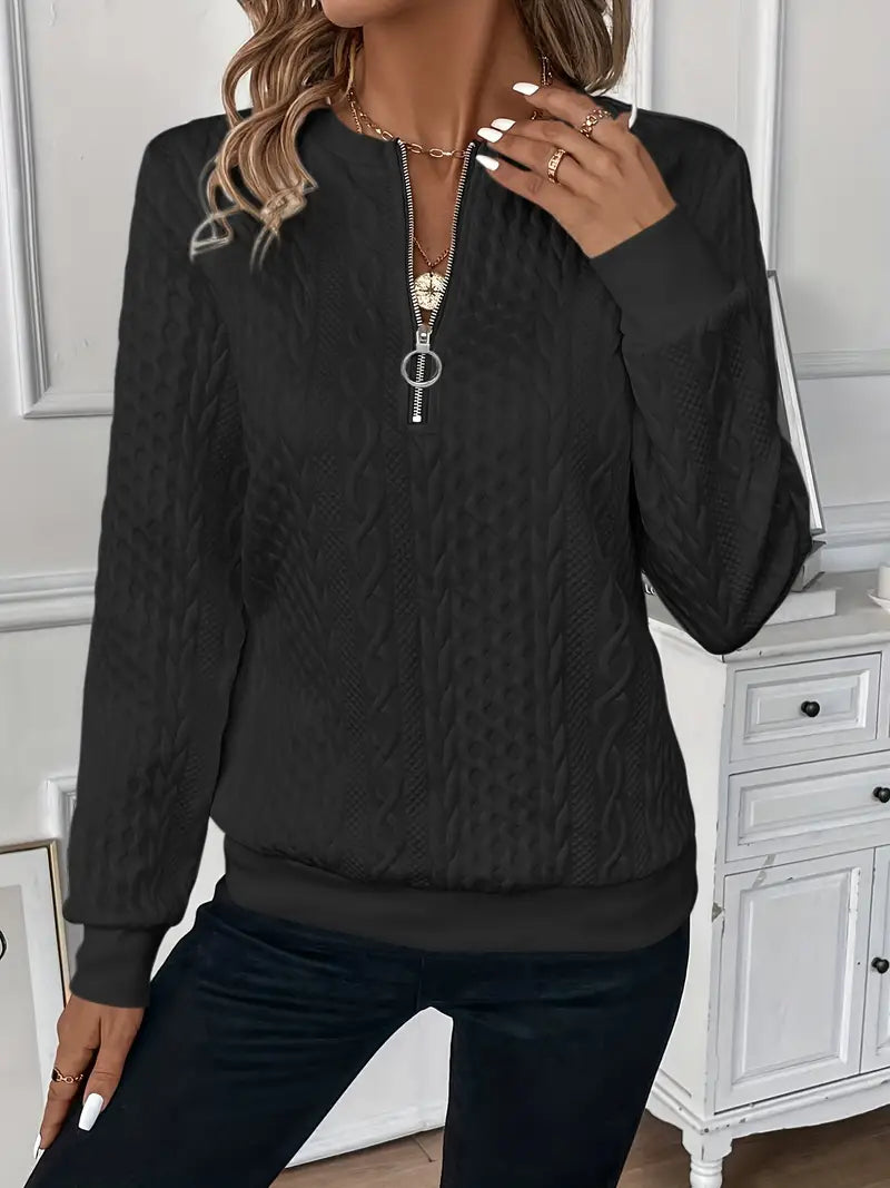 Elodie Cable Knit Zip Sweater – Soft Knit Relaxed Fit Casual Layering Top
