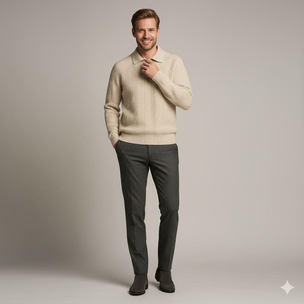 Franco Men's Herringbone Knit Polo Sweater with Structured Collar Pullover