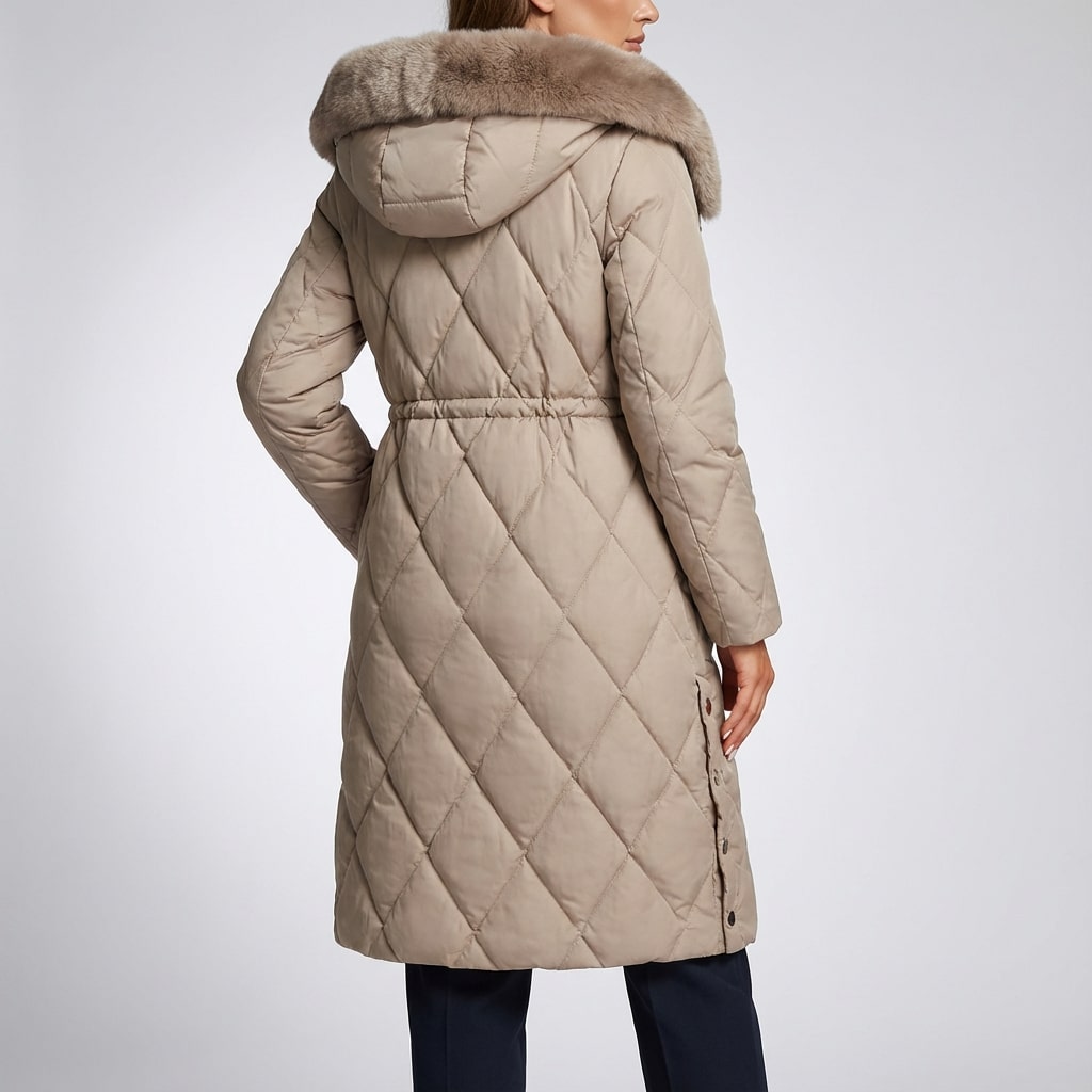 Briggitte Women's Quilted Long Winter Coat with Fur Collar & Adjustable Waist