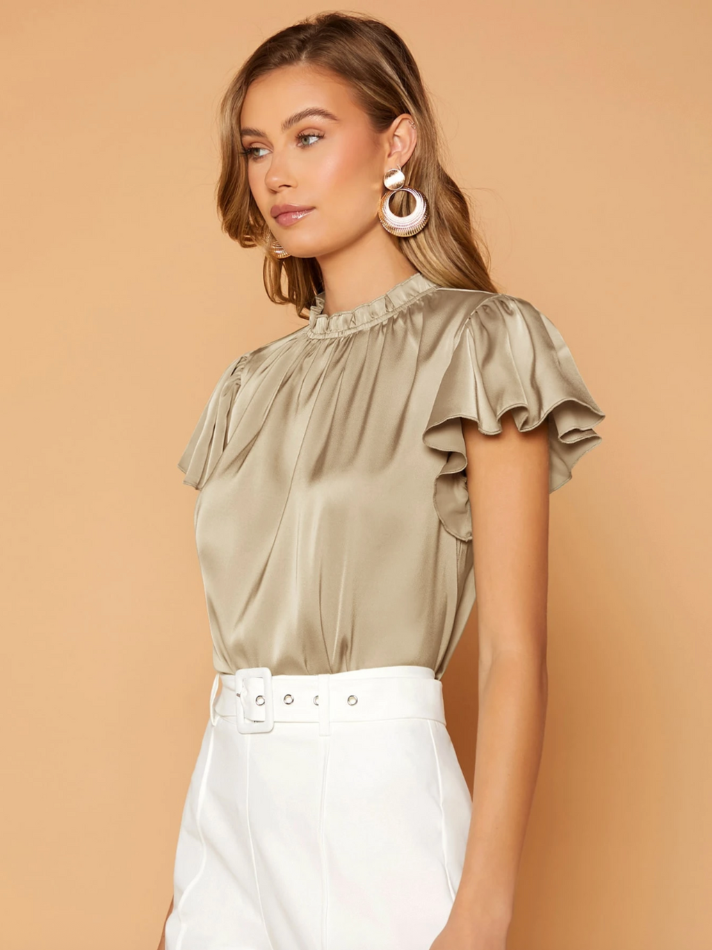 Camille Satin Drape Blouse – Stylish Puff Sleeve Top with Gathered Neck