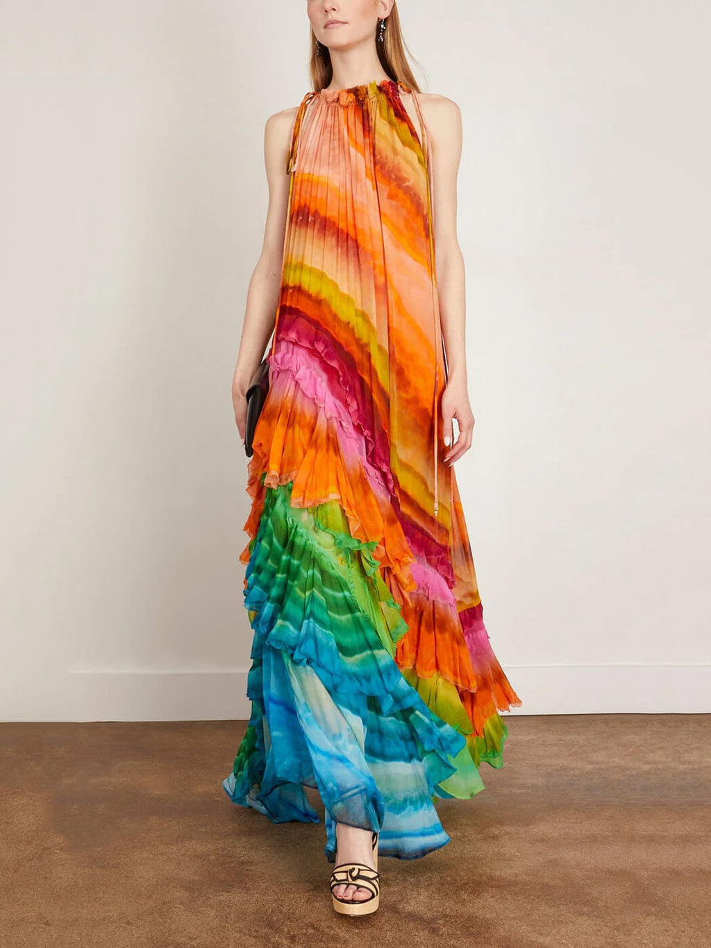 Iris Tie Dye Ruffle Gown – Halter Neck Multicolored Georgette Maxi Dress