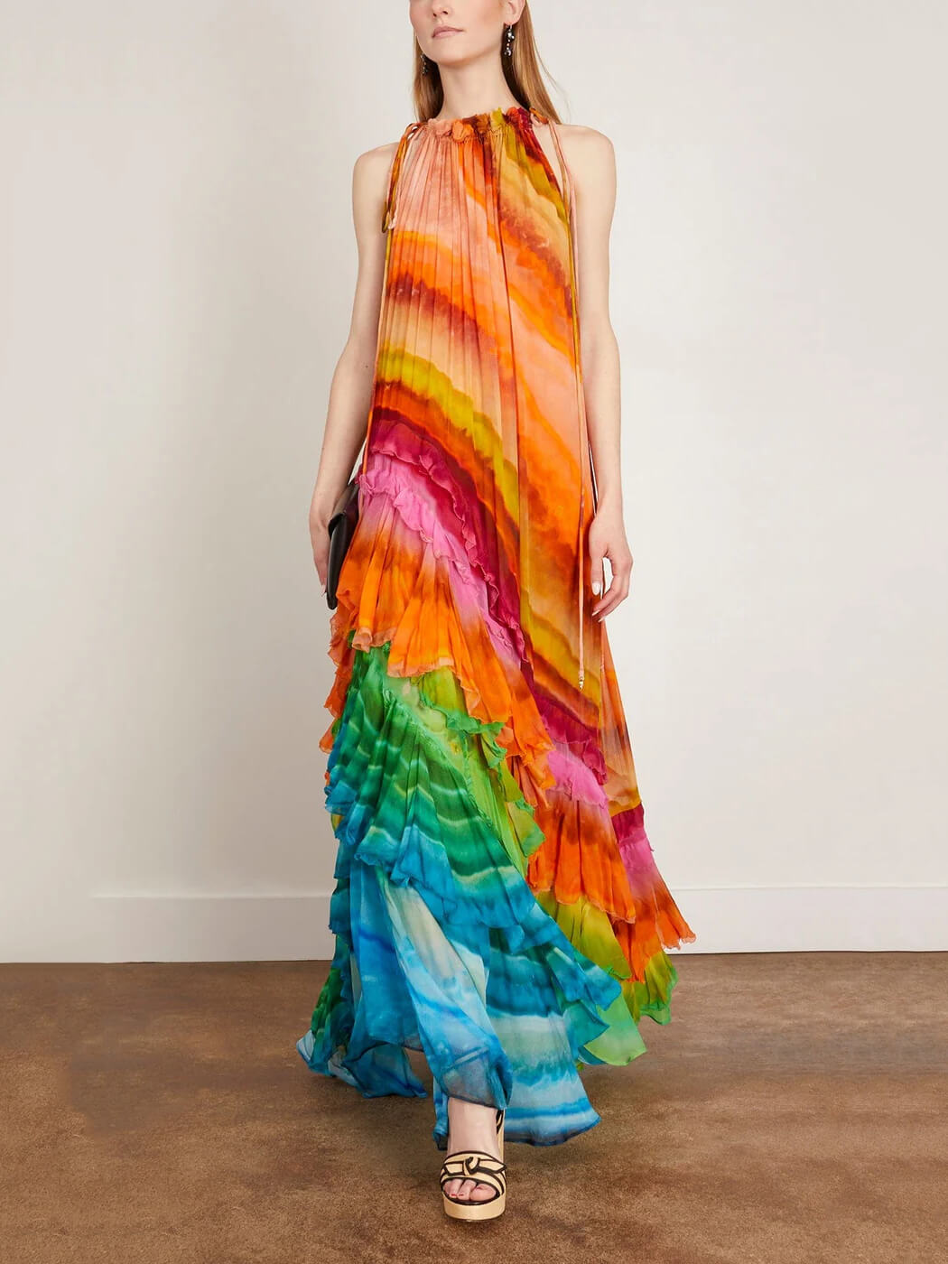 Iris Tie Dye Ruffle Gown – Halter Neck Multicolored Georgette Maxi Dress