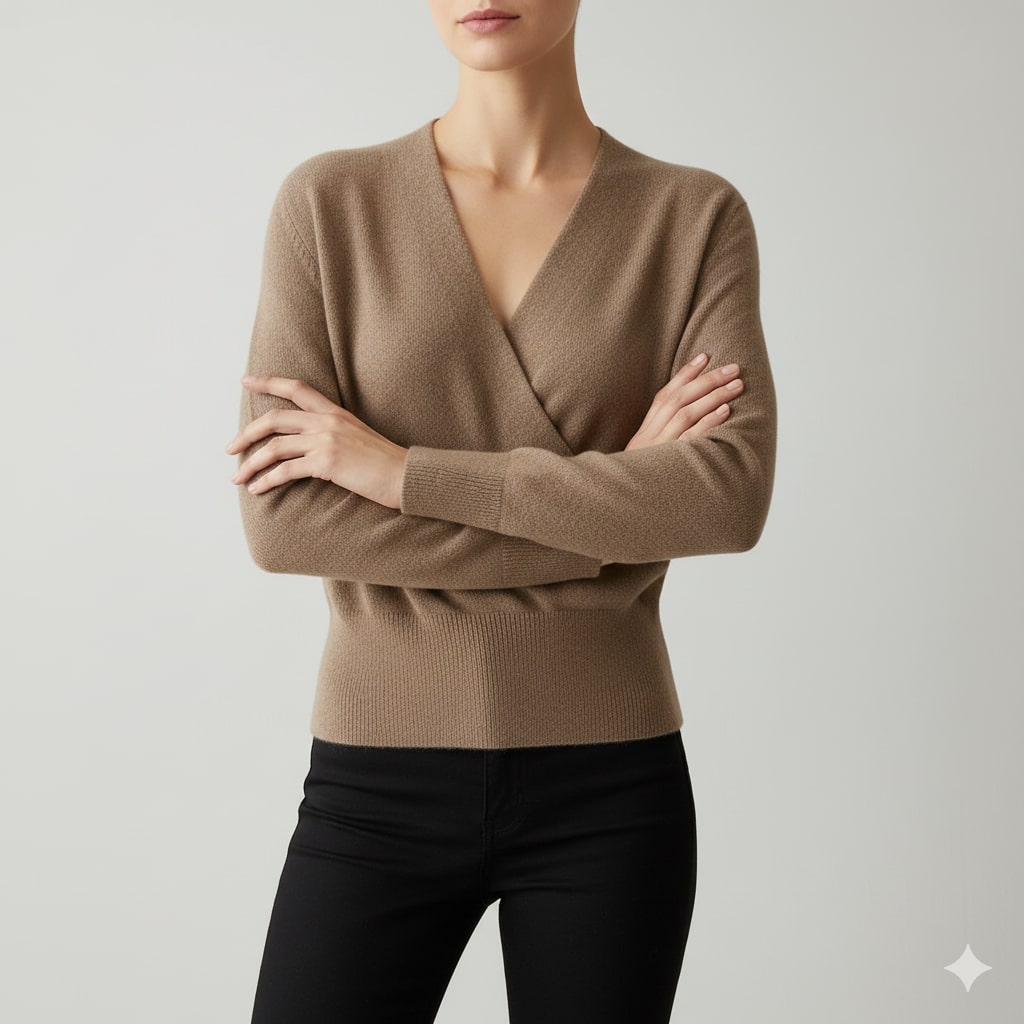 Berkis Women's Crossover Knit Sweater – Soft Textured Pullover with Fitted Hem