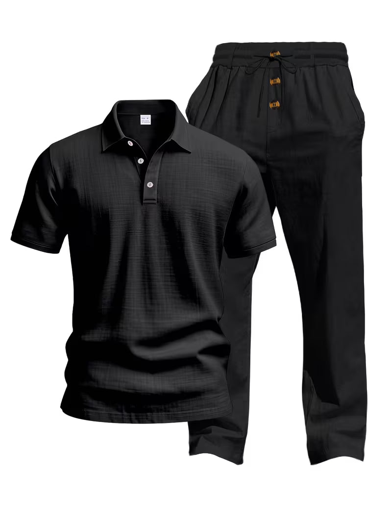 Thomas Textured Linen Polo Set – Relaxed Fit Drawstring Wide-Leg Loungewear