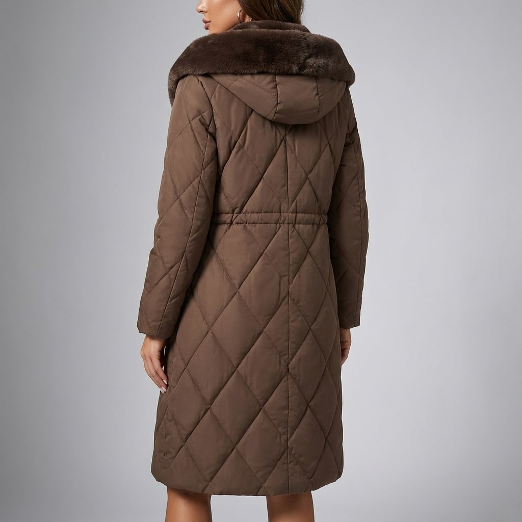 Briggitte Women's Quilted Long Winter Coat with Fur Collar & Adjustable Waist