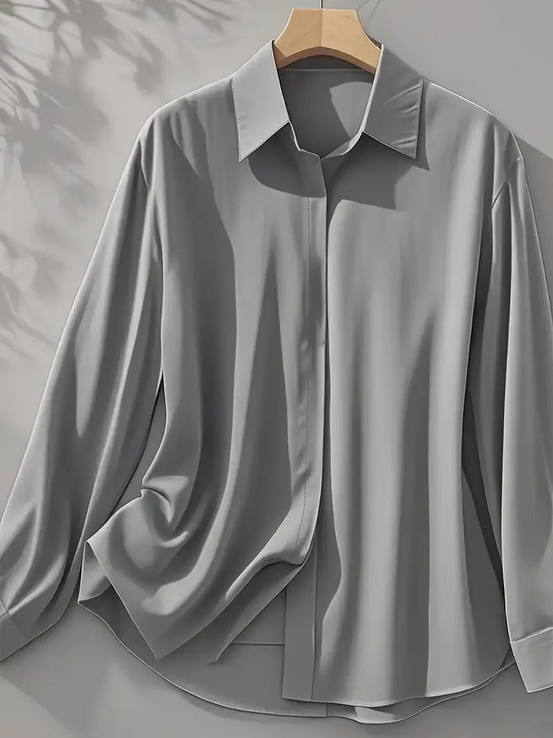 Anjelly Women's Solid Color Satin Lapel Shirt – Long Sleeve Blouse