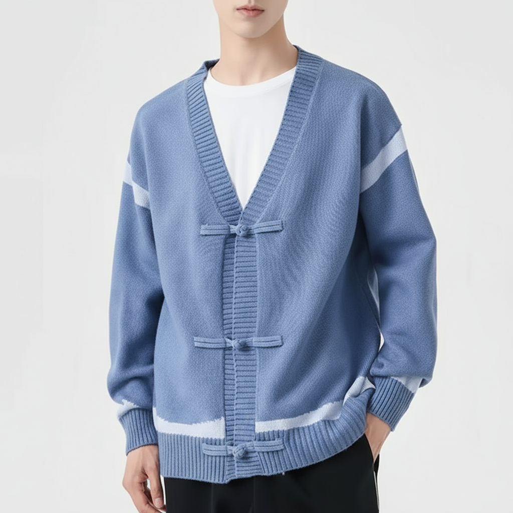 Chris Men's Wool Cardigan – Knit with Contrast Stripes and Toggle Closures