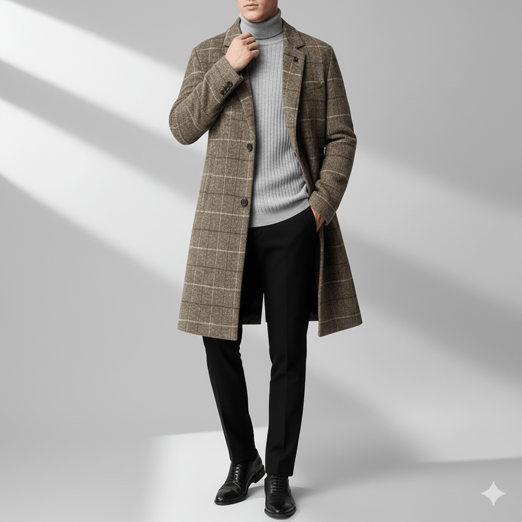 Aldric Men's Windowpane Wool Overcoat – Structured Mid-Length Design