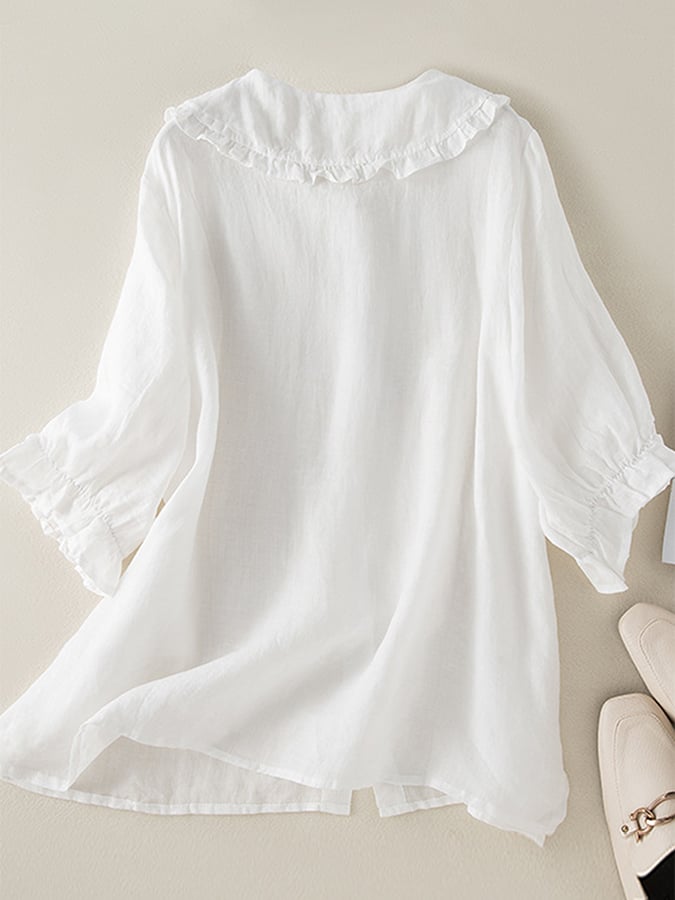 Adelina Ruffle Linen Blouse – Women's Cotton Blend Top with Peter Pan Collar