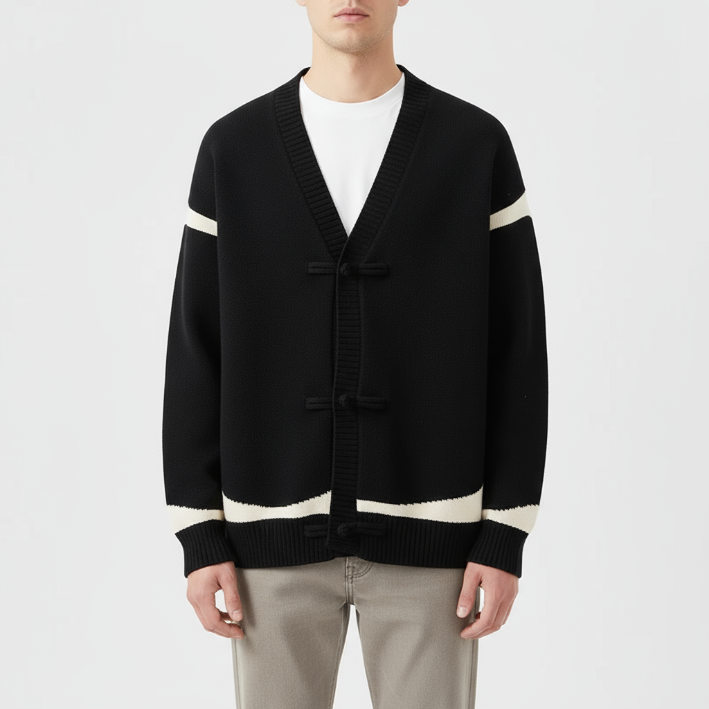 Chris Men's Wool Cardigan – Knit with Contrast Stripes and Toggle Closures