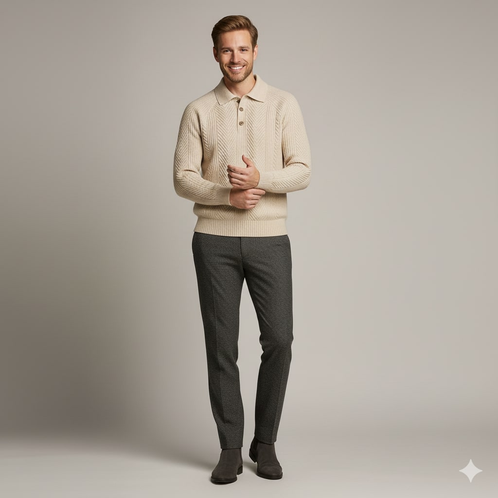 Franco Men's Herringbone Knit Polo Sweater with Structured Collar Pullover