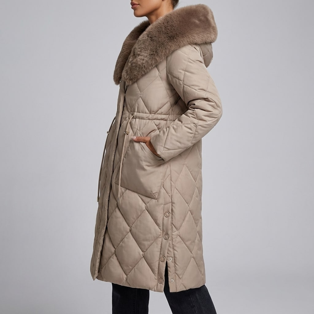 Briggitte Women's Quilted Long Winter Coat with Fur Collar & Adjustable Waist