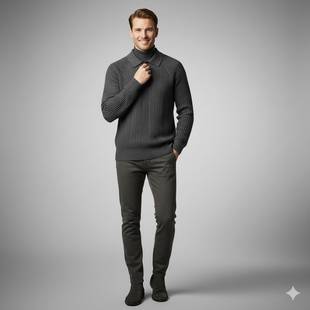 Franco Men's Herringbone Knit Polo Sweater with Structured Collar Pullover