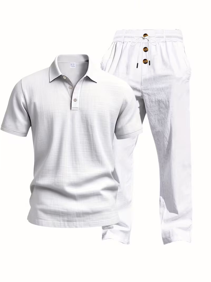 Thomas Textured Linen Polo Set – Relaxed Fit Drawstring Wide-Leg Loungewear