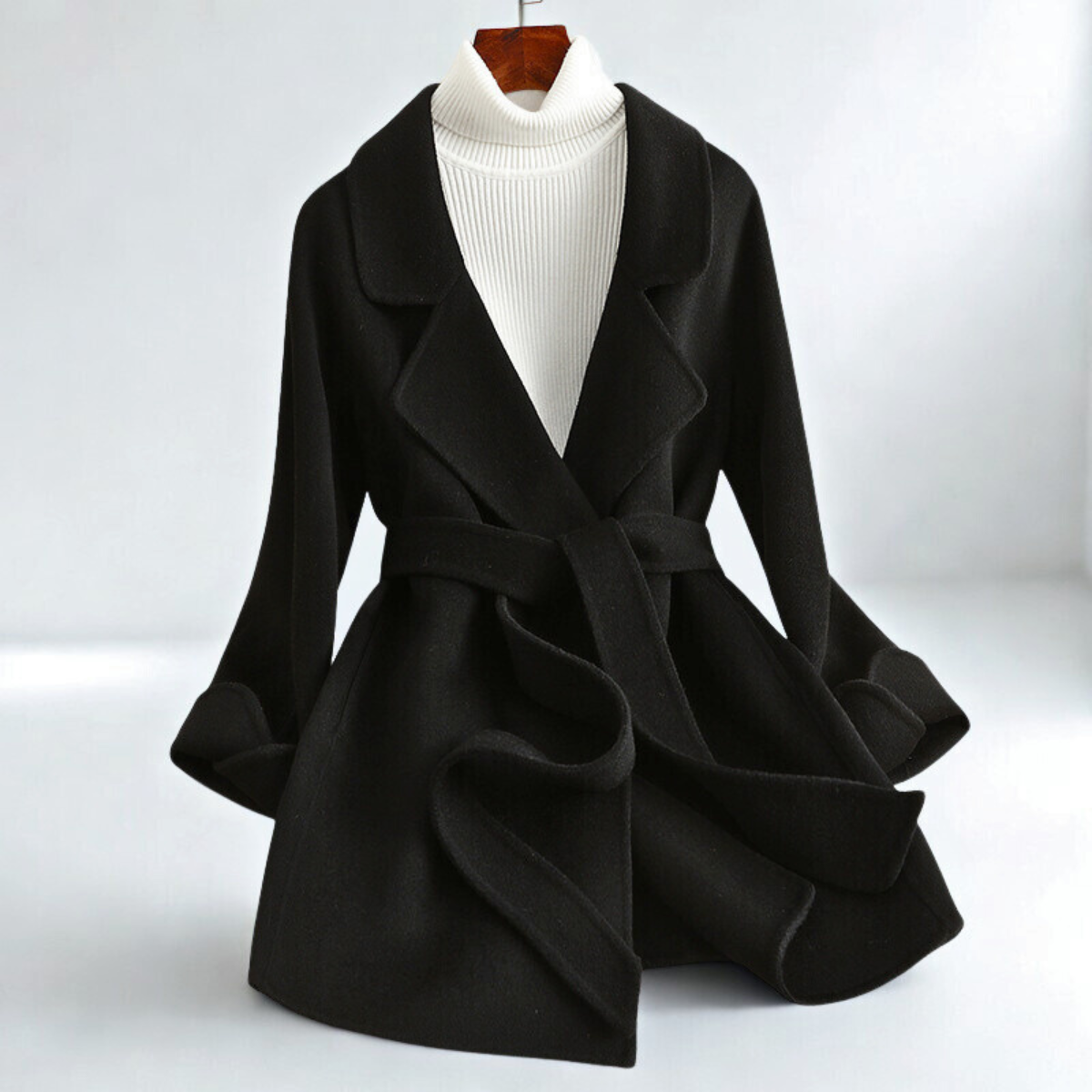 Emilia Women's Wool Blend Coat – Belted Silhouette with Wide Lapel Collar