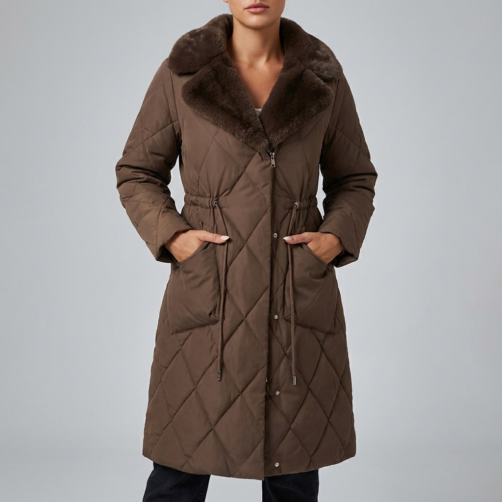 Briggitte Women's Quilted Long Winter Coat with Fur Collar & Adjustable Waist