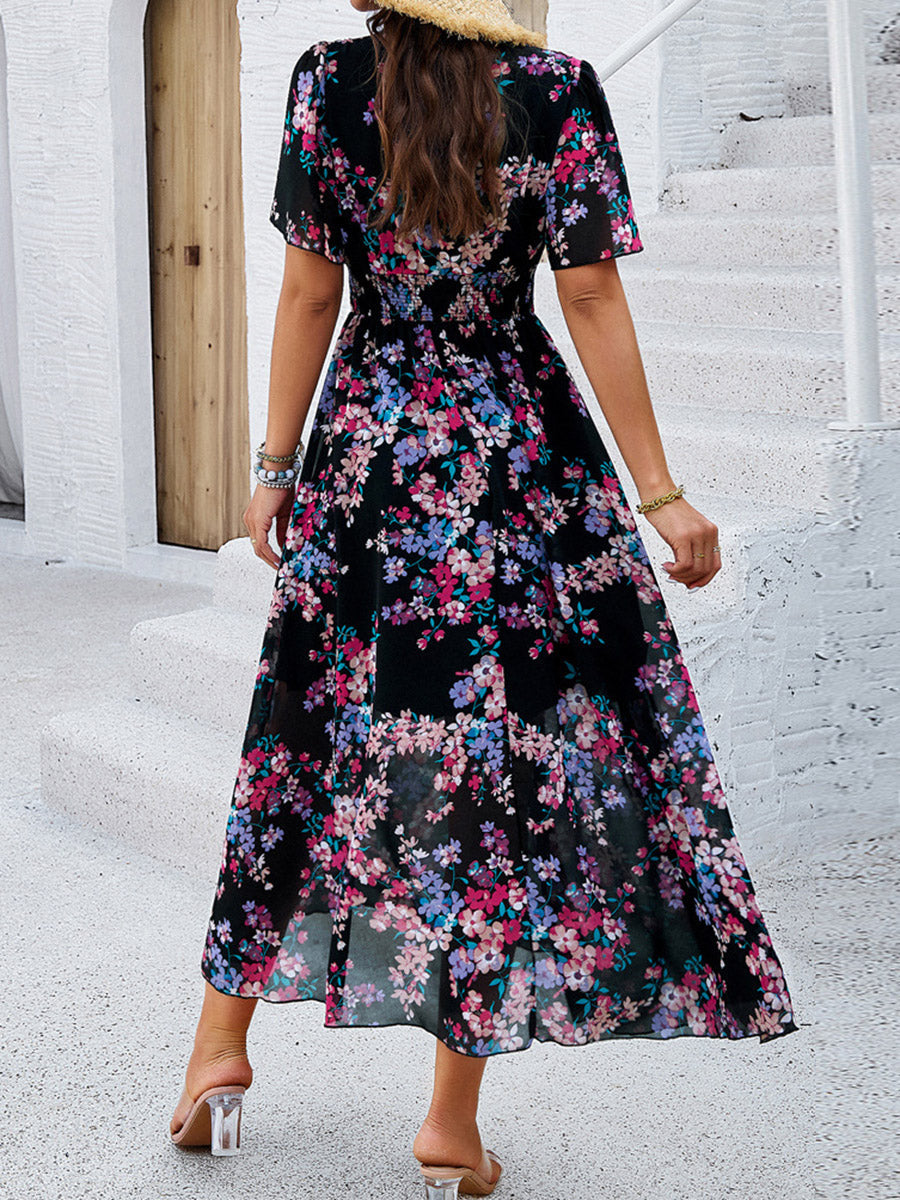 Margaret Floral V-Neck Pleated Maxi Dress – Elastic Waist Summer Silhouette