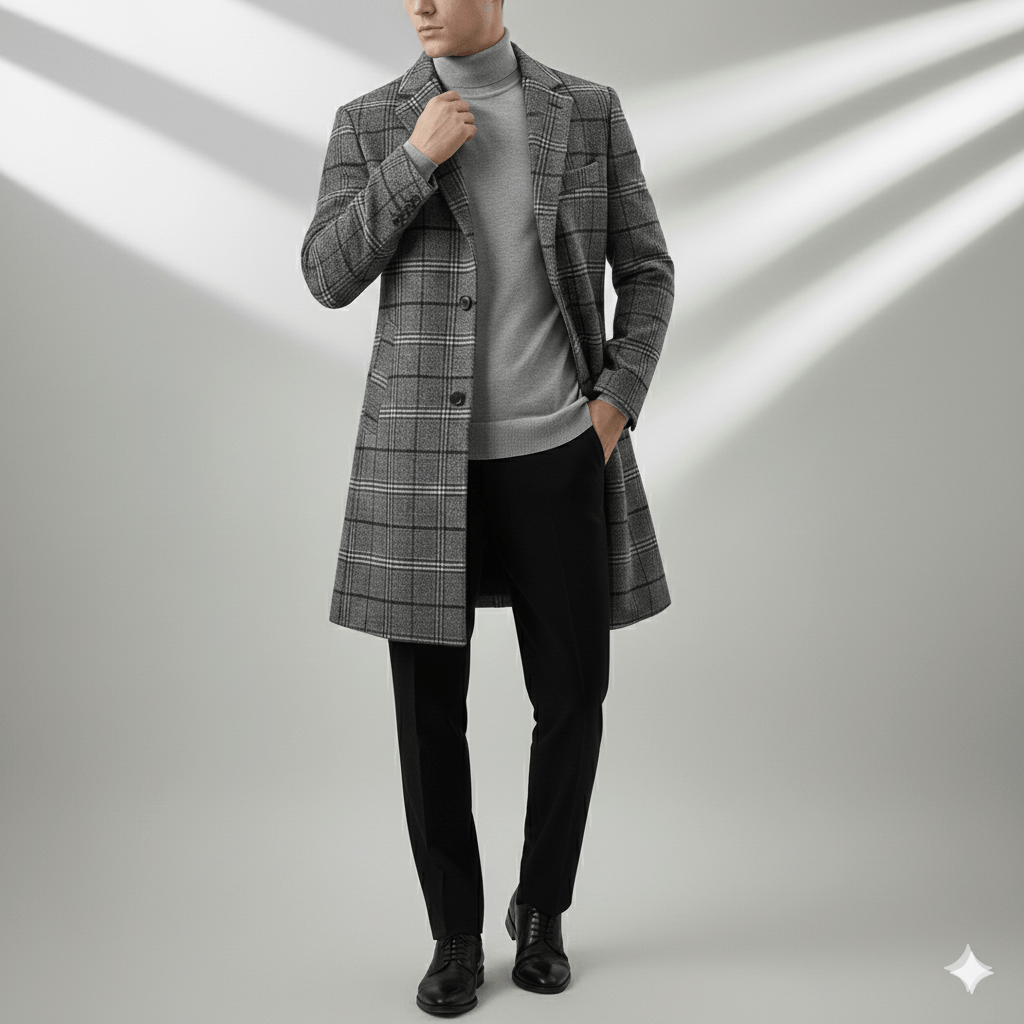 Aldric Men's Windowpane Wool Overcoat – Structured Mid-Length Design
