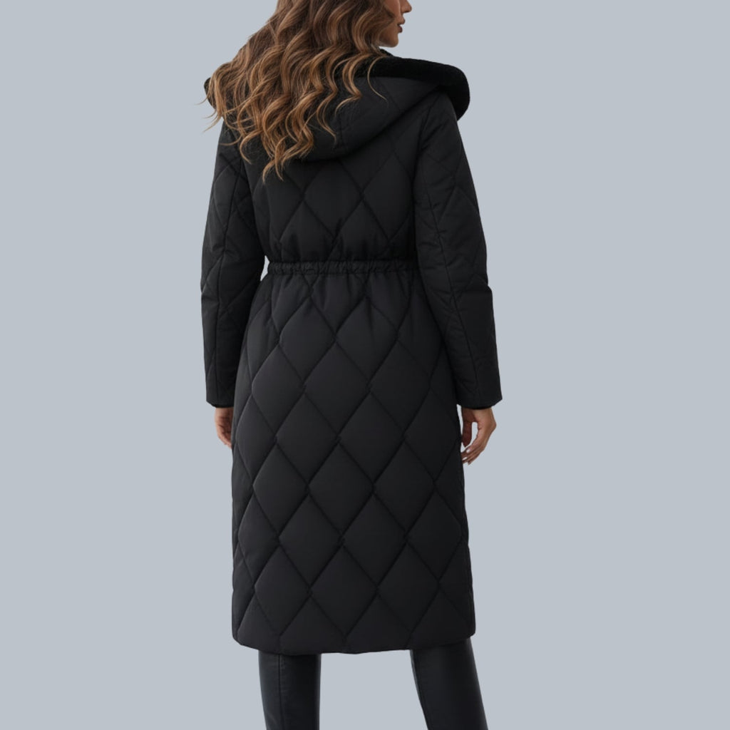 Briggitte Women's Quilted Long Winter Coat with Fur Collar & Adjustable Waist