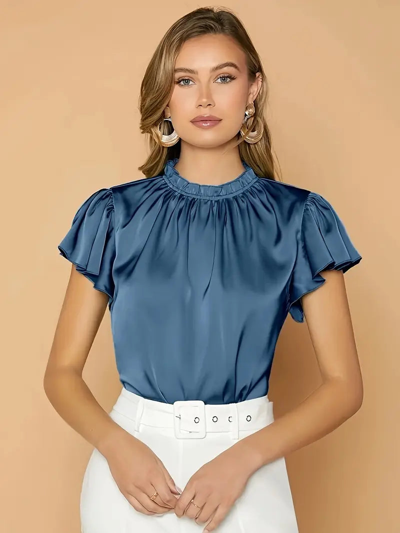 Camille Satin Drape Blouse – Stylish Puff Sleeve Top with Gathered Neck