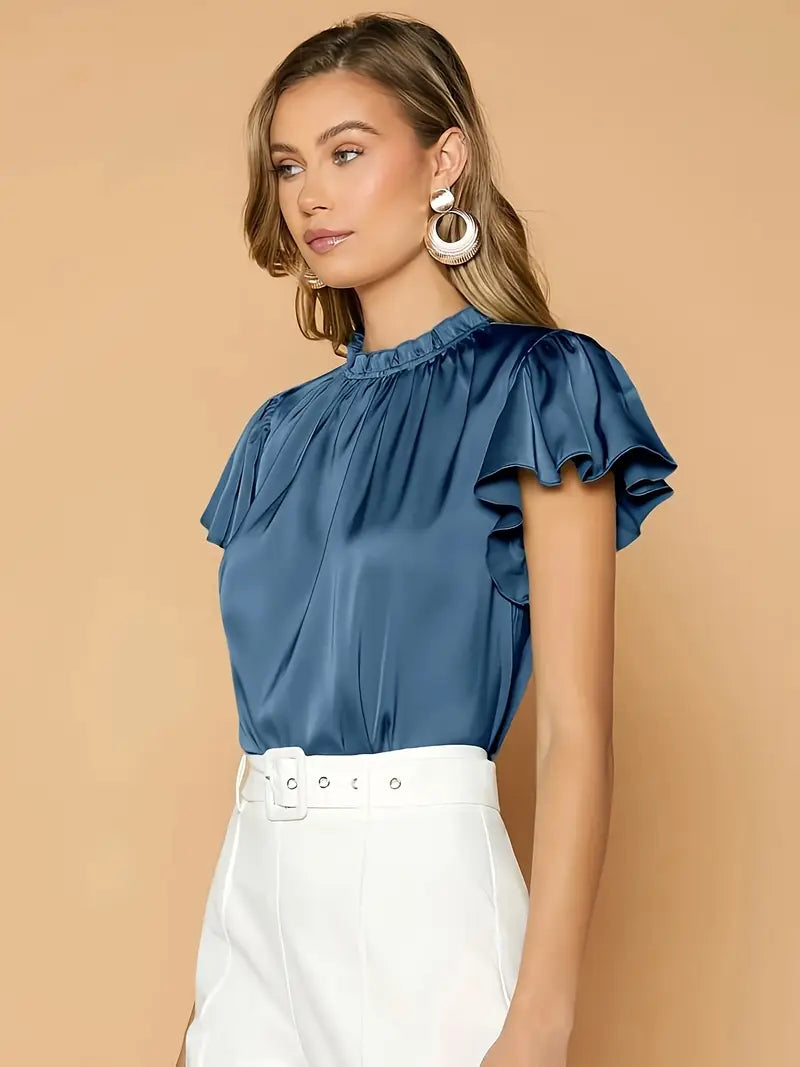 Camille Satin Drape Blouse – Stylish Puff Sleeve Top with Gathered Neck