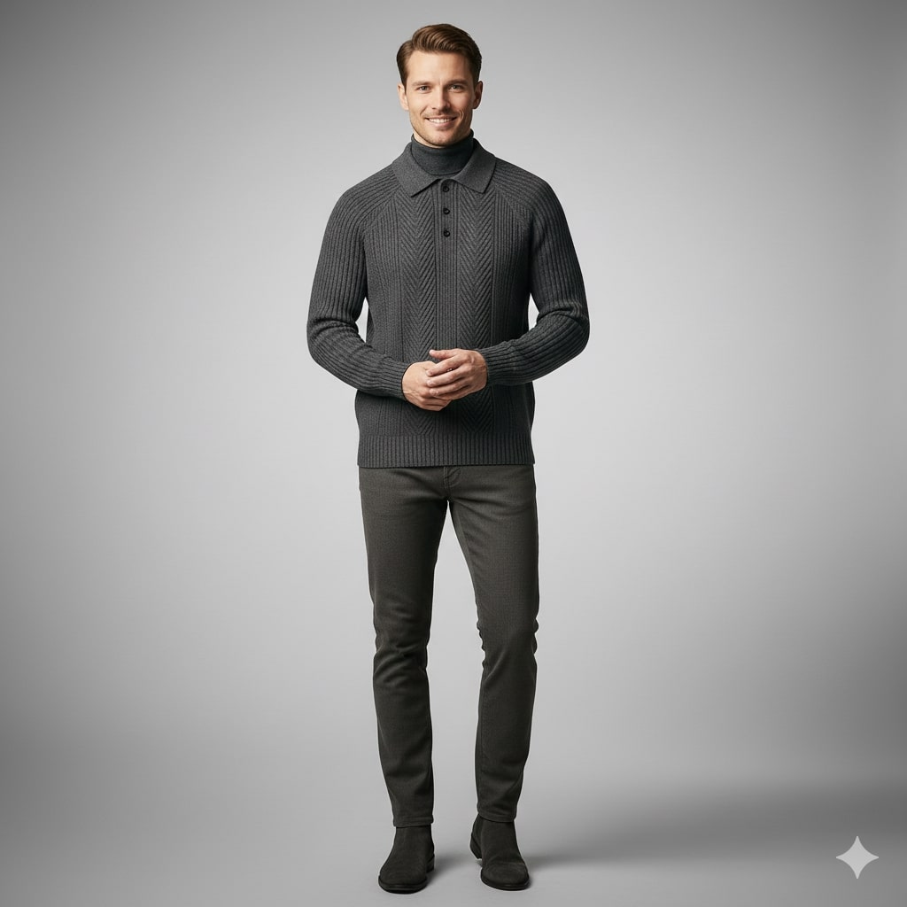 Franco Men's Herringbone Knit Polo Sweater with Structured Collar Pullover