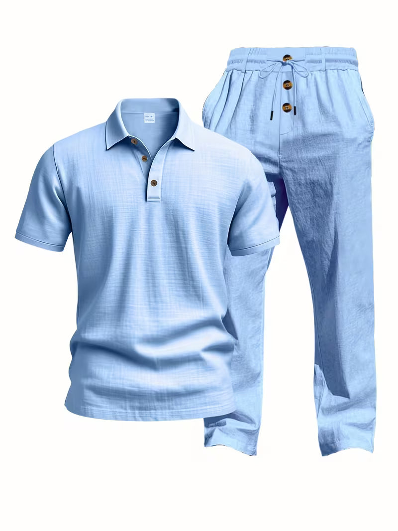 Thomas Textured Linen Polo Set – Relaxed Fit Drawstring Wide-Leg Loungewear