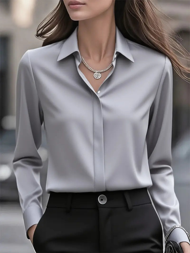 Anjelly Women's Solid Color Satin Lapel Shirt – Long Sleeve Blouse