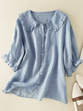 Adelina Ruffle Linen Blouse – Women's Cotton Blend Top with Peter Pan Collar