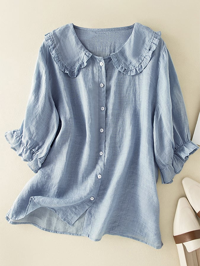 Adelina Ruffle Linen Blouse – Women's Cotton Blend Top with Peter Pan Collar