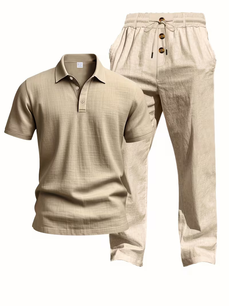 Thomas Textured Linen Polo Set – Relaxed Fit Drawstring Wide-Leg Loungewear