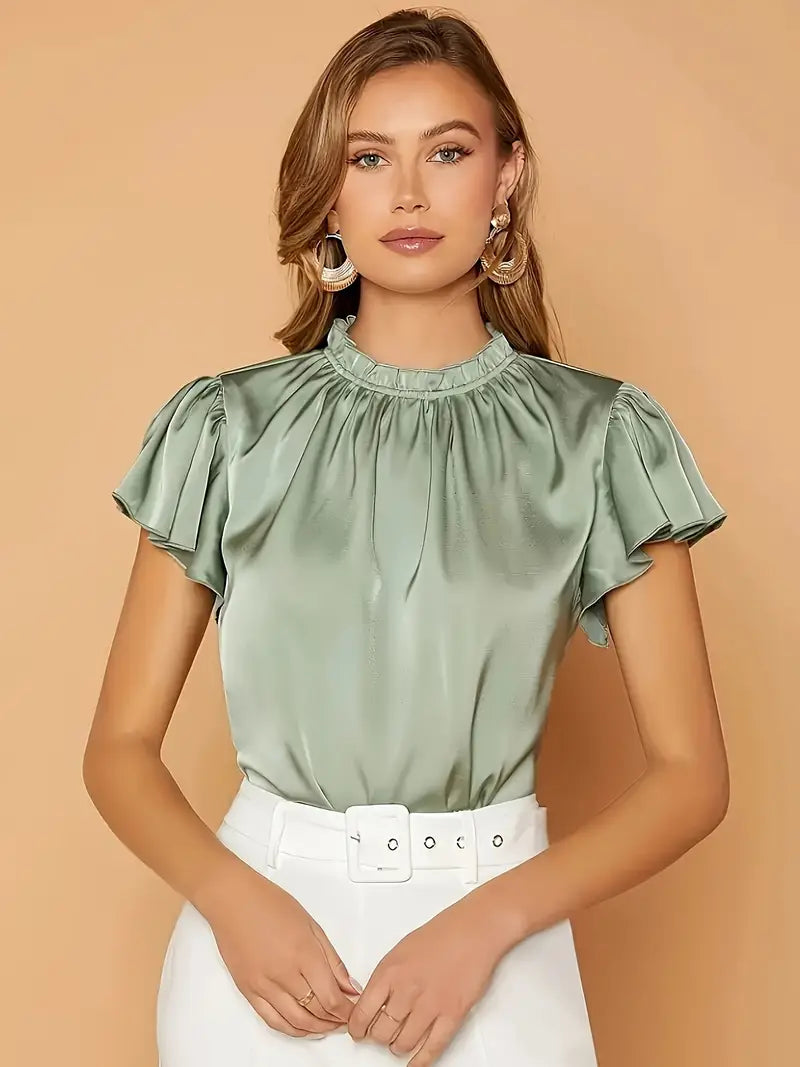 Camille Satin Drape Blouse – Stylish Puff Sleeve Top with Gathered Neck