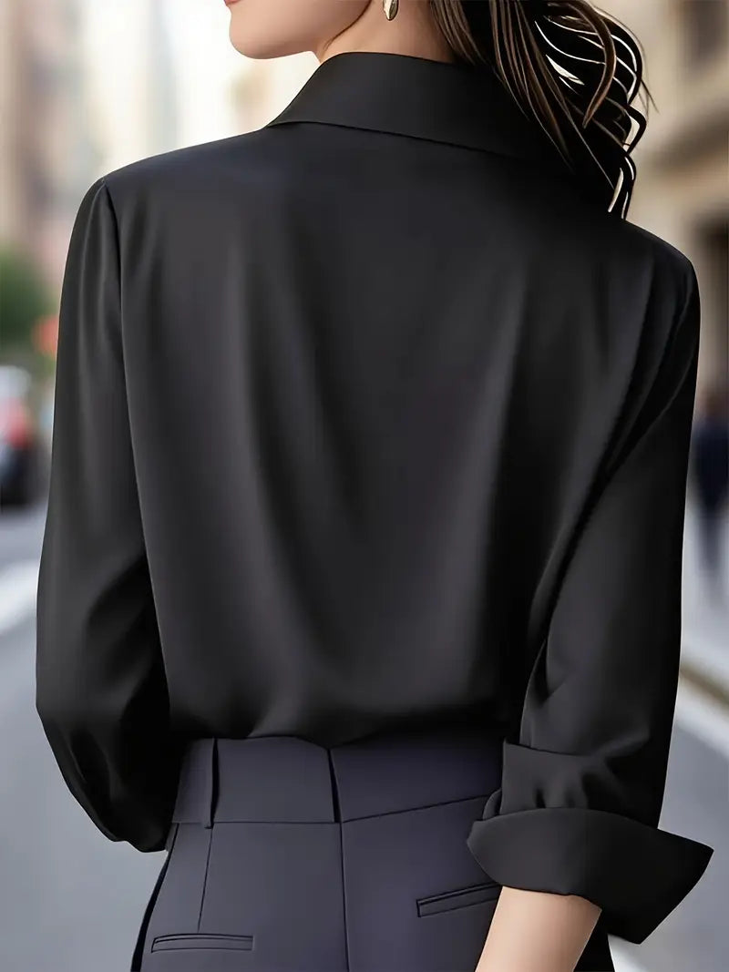 Anjelly Women's Solid Color Satin Lapel Shirt – Long Sleeve Blouse